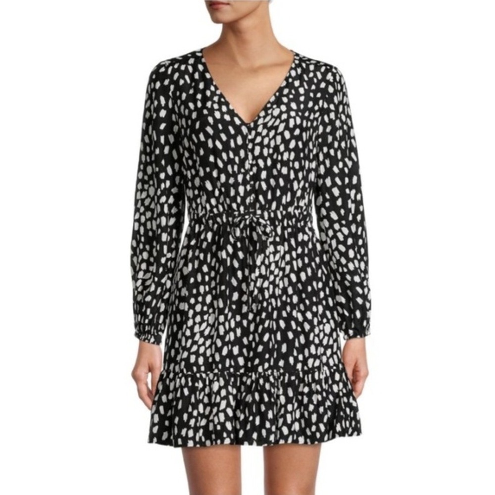 Vineyard Vines Womens XL Silk Blend Black White Brushstroke Ruffle‎ Mini Dress